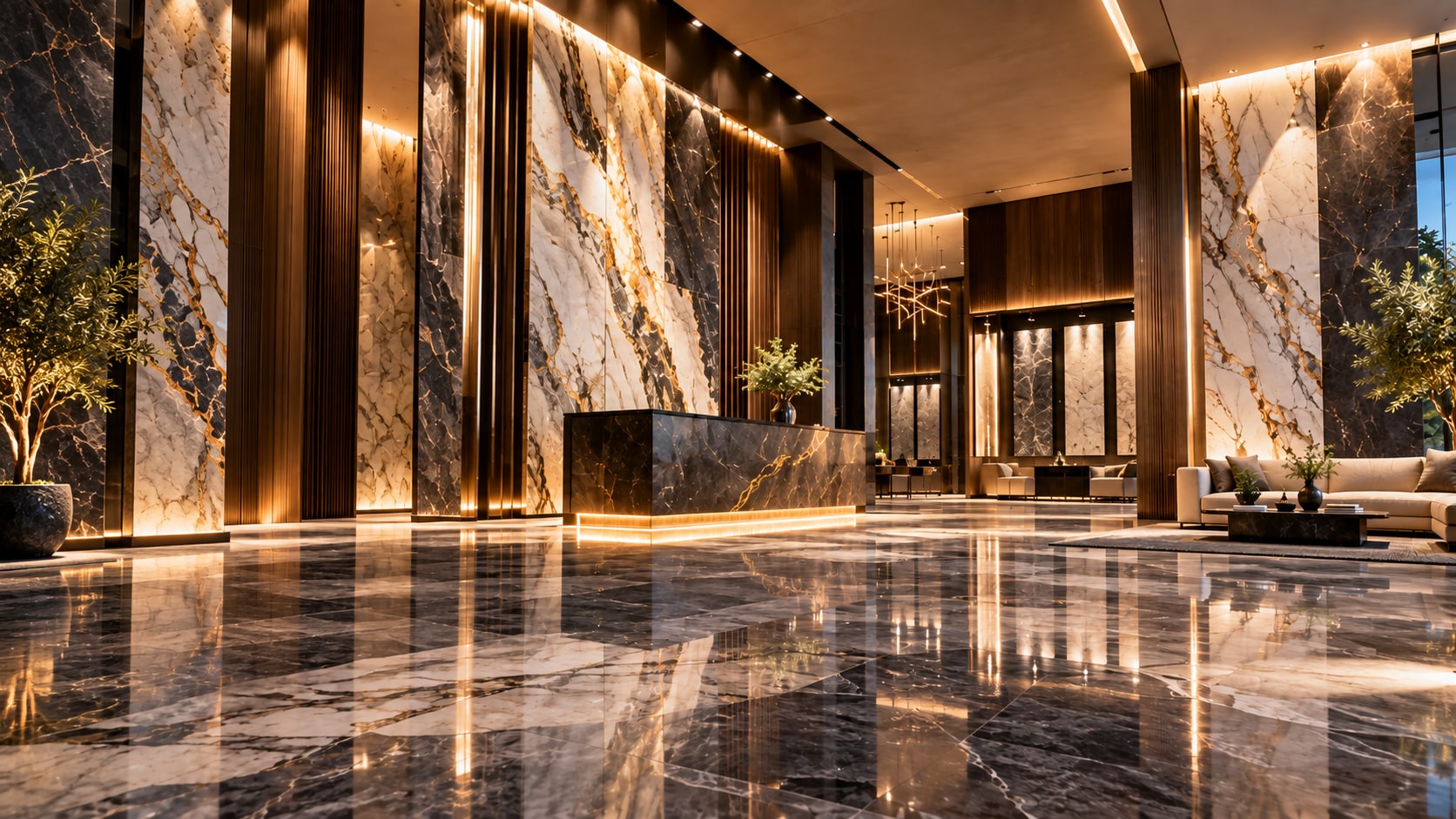 A premium interior showcasing large-format tile surfaces